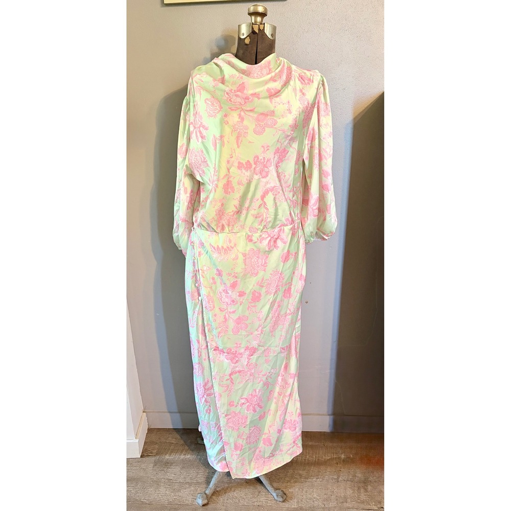 ASOS Design Mint Green Pink Floral Cowl Neck Maxi Dress US 14